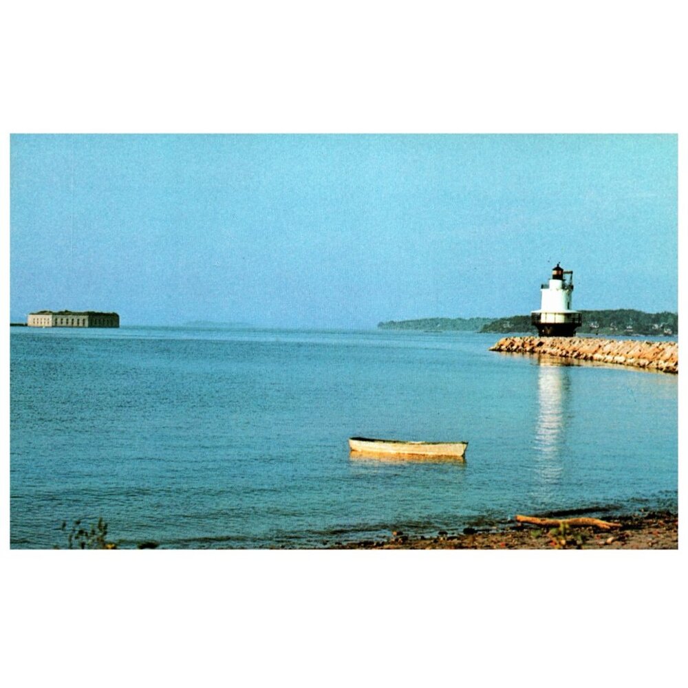 Postcard Chrome era Portland Harbor at sunset Spring point lighthouse